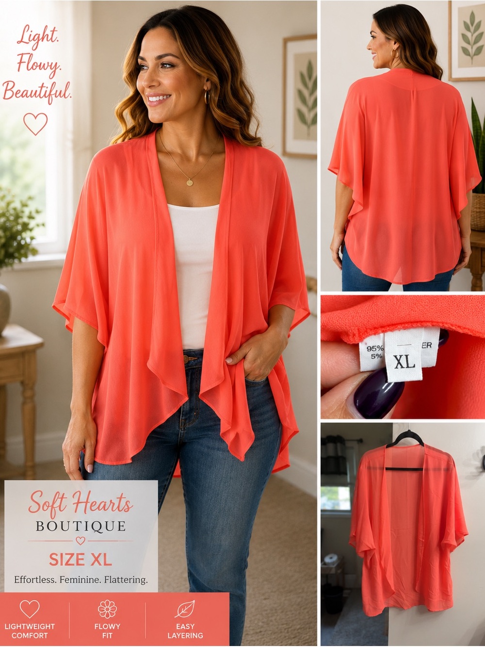 Coral Open-Front Lightweight Sweater Kimono